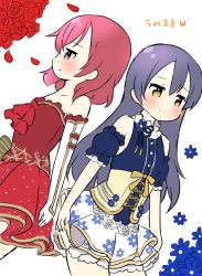 Rule 34 | 10s, 2girls, armband, back-to-back, bare shoulders, blue hair, blush, brown eyes, commentary request, dress, elbow gloves, fingerless gloves, flower, gloves, lace-up, layered dress, love live!, love live! school idol festival, love live! school idol project, multiple girls, neckerchief, nishikino maki, petals, purple eyes, red flower, red hair, red rose, ribbon, rose, saku usako (rabbit), sonoda umi