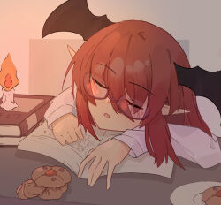 Rule 34 | :o, bat wings, bespectacled, blush, book, book stack, candle, cookie, eyes visible through hair, food, glasses, head wings, highres, koakuma, long hair, long sleeves, open book, plate, pointy ears, red-framed eyewear, red hair, semi-rimless eyewear, shirt, sidelocks, simple background, sleeping, table, touhou, upper body, white shirt, wings, yige chizi