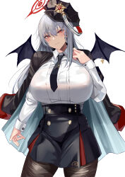 Rule 34 | 1girl, absurdres, black coat, black hat, black necktie, black pantyhose, black skirt, blue archive, blush, breasts, closed mouth, coat, coat on shoulders, collared shirt, commentary request, cowboy shot, grey hair, halo, hand up, haruna (blue archive), hat, highres, large breasts, long sleeves, namazu (yamasonson), necktie, pantyhose, red eyes, shirt, shirt tucked in, simple background, skirt, smile, solo, white background, white shirt, wings