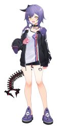 Rule 34 | 1girl, :d, bad id, bad twitter id, bare legs, braid, candy, collar, commentary request, crocs, food, highres, hood, hoodie, horns, indie virtual youtuber, izumi sai, jacket, lollipop, open clothes, open jacket, open mouth, ozuka roki, purple hair, sandals, sharp teeth, short hair, short shorts, shorts, single horn, sleeves past wrists, smile, solo, tail, tank top, tattoo, teeth, virtual youtuber, yellow eyes