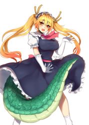Rule 34 | 10s, 1girl, artist name, bad id, bad pixiv id, blonde hair, blush, breasts, dragon girl, dragon horns, dragon tail, fangs, frills, gloves, gradient hair, horns, kobayashi-san chi no maidragon, large breasts, large tail, long hair, looking at viewer, maid, maid headdress, multicolored hair, necktie, open mouth, short sleeves, simple background, slit pupils, smile, socks, solo, tail, teeth, terupancake, tohru (maidragon), twintails, twitter username, white background, white gloves, white socks