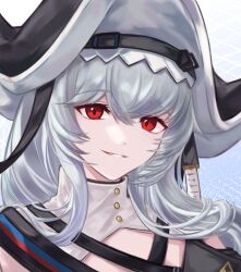 Rule 34 | 1girl, absurdres, arknights, bare shoulders, black hat, clothing cutout, commentary request, criss-cross straps, crossed bangs, grey hair, hair between eyes, hat, highres, kiwicci, long hair, looking at viewer, pointy hat, red eyes, shoulder cutout, shoulder strap, smile, solo, specter (arknights), specter the unchained (arknights), upper body