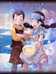 Rule 34 | 1boy, 1girl, apron, black hair, brown hair, candice (palentine&#039;s 2024) (pokemon), candice (pokemon), closed eyes, creatures (company), crossed arms, dress, food, game freak, hat, highres, long hair, multi-tied hair, nintendo, official alternate costume, official art, one eye closed, pokemon, pokemon masters ex, short dress, short hair, short sleeves, snow, soup, victor (palentine&#039;s 2024) (pokemon), victor (pokemon), waitress, waitress uniform, water, wink