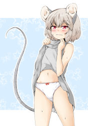 Rule 34 | 1girl, angry, animal ears, blue background, blush, bow, bow panties, brown hair, clenched teeth, clothes lift, dress, dress lift, embarrassed, female focus, grey dress, hands up, highres, lifted by self, looking at viewer, mepikari, mouse ears, mouse tail, navel, nazrin, outline, panties, red eyes, short hair, simple background, sleeveless, sleeveless dress, solo, standing, star (symbol), stomach, sweat, tail, tears, teeth, touhou, underwear, white outline, white panties