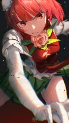 Rule 34 | 1girl, absurdres, bandaged arm, bandages, blast-7, bun cover, commentary request, cowboy shot, flower, green skirt, hair bun, highres, ibaraki kasen, looking at viewer, medium hair, parted lips, pink flower, pink rose, puffy short sleeves, puffy sleeves, red eyes, red hair, red tabard, rose, shirt, short sleeves, skirt, solo, tabard, touhou, white shirt
