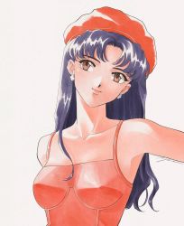 Rule 34 | 1990s (style), 1girl, beret, black hair, breasts, brown eyes, camisole, collarbone, commentary, covered erect nipples, earrings, english commentary, grey background, hat, head tilt, jewelry, katsuragi misato, long hair, looking up, medium breasts, neon genesis evangelion, parted bangs, portrait, red camisole, red hat, retro artstyle, smile, solo, yue (yung n dum )