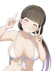 Rule 34 | 1girl, barkhorn0331, bikini, breasts, breasts apart, brown hair, closed eyes, collarbone, commentary request, double v, facing viewer, furrowed brow, hands up, head tilt, highres, long hair, love live!, love live! superstar!!, medium breasts, midriff, navel, sakurakoji kinako, smile, solo, swimsuit, twintails, upper body, v, white background, white bikini