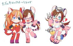 Rule 34 | 2girls, :3, animal ears, animal hands, artist request, bare shoulders, black leotard, blue eyes, breasts, brown hair, cat ears, cat tail, chibi, cleavage, detached collar, embarrassed, evangelion: 3.0+1.0 thrice upon a time, eyepatch, fake animal ears, fake tail, full body, glasses, gloves, green eyes, hair between eyes, hand on own hip, interface headset, leotard, lips, long hair, looking at viewer, low twintails, makinami mari illustrious, medium breasts, multiple girls, multiple others, neon genesis evangelion, paw gloves, pink leotard, rebuild of evangelion, red leotard, shiny clothes, shiny skin, simple background, souryuu asuka langley, tail, translation request, twintails, very long hair, white background, wide hips