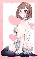 Rule 34 | 1girl, ass, bang dream!, bare back, bare shoulders, black thighhighs, blush, border, breasts, brown eyes, brown hair, butt crack, closed mouth, commentary, embarrassed, from behind, full body, grey sweater, halterneck, hand on own foot, hand on own leg, hazawa tsugumi, heart, heart print, looking at viewer, looking back, medium breasts, meme attire, naked sweater, no bra, no panties, no shoes, pink border, polka dot, pout, sakurahara, short hair, sideboob, sidelocks, sitting, skindentation, solo, sweater, thighhighs, thighs, twitter username, two-tone background, virgin killer sweater, yokozuwari, zettai ryouiki