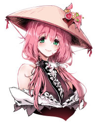 Rule 34 | 1girl, blush, breasts, character request, chin strap, cofepig, copyright request, green eyes, hat, highres, large breasts, long hair, low twintails, pink hair, rice hat, simple background, smile, solo, twintails, upper body, white background
