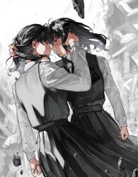 Rule 34 | 2girls, absurdres, arm at side, belt, black dress, black eyes, black hair, chainsaw man, clenched hand, cowboy shot, debris, dress, face-to-face, forehead-to-forehead, fourth east high school uniform, from side, hand in another&#039;s hair, heads together, highres, holding another&#039;s hair, holding another&#039;s head, long sleeves, looking at another, medium hair, mitaka asa, multiple girls, muted color, mutumipketto, parted lips, pinafore dress, red eyes, rubble, scar, scar on face, school uniform, shirt, signature, sleeveless, sleeveless dress, white shirt, wind, yoru (chainsaw man)