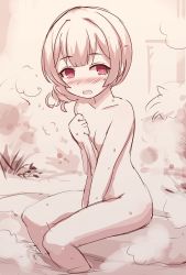Rule 34 | 1girl, between legs, blush, covering privates, covering breasts, hand between legs, hayasaka (neoneet), highres, idolmaster, idolmaster shiny colors, morino rinze, nude, onsen, open mouth, outdoors, red eyes, short hair, sitting, solo, towel