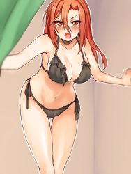 Rule 34 | 1girl, angry, aozaki touko, bikini, blush, breasts, cleavage, curtains, dressing room, female focus, kamehima, kara no kyoukai, large breasts, long hair, looking at viewer, navel, open mouth, red eyes, red hair, solo, swimsuit, thigh gap