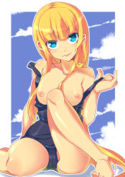 Rule 34 | 1girl, :p, bad id, bad pixiv id, barefoot, blonde hair, blue eyes, breasts, clothes pull, is ii, long hair, nipples, off shoulder, one-piece swimsuit, one-piece swimsuit pull, original, pulling own clothes, school swimsuit, solo, swimsuit, tongue, tongue out