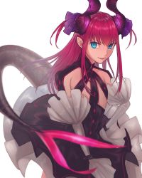 Rule 34 | 10s, 1girl, bad id, bad twitter id, blue eyes, detached sleeves, dress, elizabeth bathory (fate), elizabeth bathory (fate/extra ccc), elizabeth bathory (first ascension) (fate), fate/extra, fate (series), flat chest, floating hair, harts 02, highres, horns, long hair, long sleeves, pleated dress, pointy ears, red hair, simple background, sleeves past wrists, smile, solo, standing, tail, white background, white sleeves