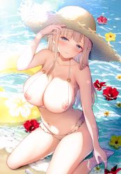 Rule 34 | 1girl, absurdres, bare arms, bare legs, bare shoulders, barefoot, beach, bikini, blonde hair, blue eyes, blush, braid, breasts, caustics, closed mouth, day, flower, frilled bikini, frills, halterneck, hand up, hat, highres, ichinose ayano, innertube, kuroe (sugarberry), large breasts, long hair, looking at viewer, melonbooks, navel, nipples, o-ring, o-ring bikini, original, parted lips, red flower, sand, seashell, shallow water, shell, sitting, smile, solo, starfish, stomach, straw hat, sun hat, sunlight, swim ring, swimsuit, water, white bikini, yellow flower