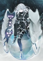 Rule 34 | 1boy, blue eyes, caviar (food fantasy), eyepatch, food fantasy, full body, gloves, highres, lastoder, long sleeves, looking at viewer, male focus, one eye covered, pale skin, pants, robot, shoes, solo, white hair