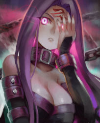 Rule 34 | 1girl, bare shoulders, black detached sleeves, black dress, blurry, blurry background, breasts, chain, cleavage, collar, collarbone, covering one eye, detached sleeves, dress, facial mark, fate/stay night, fate (series), female focus, forehead mark, glowing, glowing eyes, hair intakes, impossible clothes, impossible dress, large breasts, lips, long hair, medusa (fate), medusa (rider) (fate), parted bangs, parted lips, pink eyes, purple collar, purple hair, shiny skin, solo, square pupils, strapless, strapless dress, type-moon, upper body, visqi