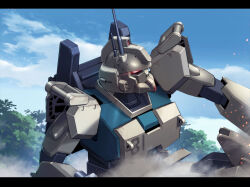 Rule 34 | blue sky, cloud, cloudy sky, commentary, day, dust cloud, embers, english commentary, g.yamamoto, glowing, glowing eye, gundam, gundam 08th ms team, gundam ez8, jungle, letterboxed, mecha, mobile suit, nature, no humans, outdoors, radio antenna, red eyes, robot, science fiction, sky, solo, tree