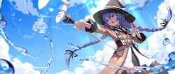Rule 34 | 1girl, a yu (2932120331), absurdres, black ribbon, blue eyes, blue hair, blue sky, braid, brown cape, cape, crossed bangs, dress, hair ribbon, hat, highres, holding, holding staff, incredibly absurdres, long braid, long hair, mage staff, mushoku tensei, open mouth, ribbon, roxy migurdia, sky, solo, staff, twin braids, water drop, white dress, witch hat