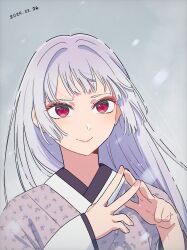 Rule 34 | 1girl, closed mouth, commentary, dated, grey background, highres, japanese clothes, kimono, kurokawa akane, long hair, long sleeves, looking at viewer, nara (menosora), official alternate costume, oshi no ko, purple kimono, red eyes, solo, steepled fingers, upper body, white hair