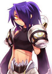 Rule 34 | 1boy, armor, black shirt, commentary request, cowboy shot, crop top, emon-yu, genetic (ragnarok online), hair between eyes, hair over one eye, living clothes, long hair, looking at viewer, male focus, midriff, navel, parted lips, pauldrons, ponytail, purple hair, ragnarok online, shirt, shoulder armor, simple background, sleeveless, sleeveless shirt, solo, stitched neck, stitches, teeth, white background, yellow eyes