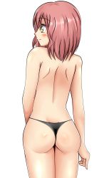 Rule 34 | 00s, 1girl, ass, back, blush, from behind, highres, m.o.m.o., panties, pink hair, shiguko, shiny skin, short hair, simple background, smile, solo, thong, topless, underwear, white background, xenosaga, yellow eyes