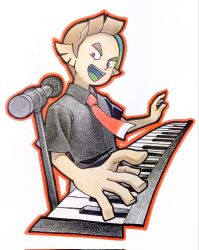 Rule 34 | 1boy, black shirt, brown eyes, brown hair, co ma tsu na, collared shirt, colored tongue, green tongue, highres, instrument, keyboard (instrument), looking at viewer, microphone, music, necktie, nintendo, open mouth, outline, playing instrument, red necktie, red outline, shirt, short hair, short sleeves, simple background, smile, solo, splatoon (series), splatoon 1, taka (splatoon), upper body, white background
