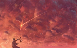 Rule 34 | 1girl, capelet, cloud, cloudy sky, commentary request, long hair, original, ponytail, red sky, sakimori (hououbds), scenery, shooting star, skirt, sky, solo, sunset