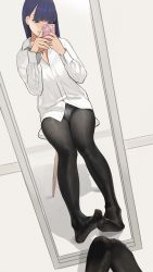 Rule 34 | 1girl, black pantyhose, blue eyes, blue hair, cellphone, closed mouth, dress shirt, feet, highres, legs, long hair, mirror, mole, mole under eye, no shoes, original, panties, panties under pantyhose, pantyhose, phone, reflection, selfie, shirt, sitting, smile, soles, solo, stool, thighband pantyhose, thighs, toes, underwear, yomu (sgt epper)