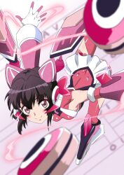 Rule 34 | 1girl, arm guards, armored boots, ass, black hair, boots, breasts, butt crack, gloves, headgear, highres, keeemu (gouf2016), leotard, looking at viewer, microskirt, pink eyes, pink leotard, pink thighhighs, senki zesshou symphogear, skirt, small breasts, smile, solo, standing, standing on one leg, symphogear pendant, thighhighs, tsukuyomi shirabe, twintails, vambraces, white skirt, yo-yo