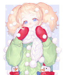 Rule 34 | 1girl, blonde hair, blue eyes, character request, copyright request, gloves, green sweater, hair ornament, hairclip, highres, red gloves, scarf, smile, snowman, solo, sweater, twintails, white scarf, yoggi (stretchmen)