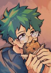 Rule 34 | 1boy, absurdres, artist name, bespectacled, boku no hero academia, chocolate chip cookie, commentary, cookie, english commentary, food, freckles, glasses, green eyes, green hair, highres, holding, holding food, male focus, midoriya izuku, shirt, short hair, solo, upper body, zukuworid