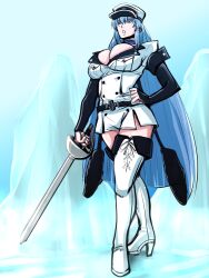 Rule 34 | 1girl, akame ga kill!, blue choker, blue eyes, blue hair, boots, breasts, choker, cleavage, commission, esdeath, hand on own hip, hat, holding, holding sword, holding weapon, large breasts, long hair, long sleeves, military, military uniform, peaked cap, pixiv commission, solo, soyuz001, sword, thigh boots, uniform, very long hair, weapon, white footwear
