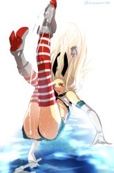 Rule 34 | 10s, 1girl, anchor hair ornament, bad id, bad pixiv id, black panties, blonde hair, boots, elbow gloves, falling, full body, gloves, grey footwear, hair ornament, high heel boots, high heels, highleg, highleg panties, kantai collection, long hair, miniskirt, panties, pleated skirt, sa tsuko, shimakaze (kancolle), skirt, solo, striped clothes, striped thighhighs, thighhighs, twitter username, underwear, white background