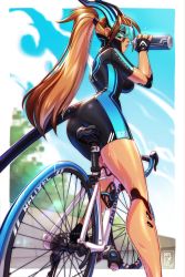 Rule 34 | 1girl, android, artist name, ass, bicycle, bodysuit, bottle, breasts, brown hair, cloud, commentary, day, english commentary, fingerless gloves, gloves, helixel, highres, holding, holding bottle, large breasts, long hair, mountain bicycle, open mouth, original, outdoors, ponytail, riding, riding bicycle, short sleeves, sky, solo, tail, teeth, water bottle, watermark