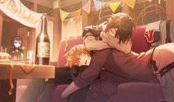 Rule 34 | 1girl, 2boys, ahoge, birthday, blue eyes, bottle, brown hair, cake, character request, chisuke 1104, confetti, couch, couple, eyelashes, feet out of frame, food, formal, genshin impact, gradient hair, hair between eyes, long hair, male focus, multicolored hair, multiple boys, on couch, ponytail, short hair, sleeping, sleeping on person, tartaglia (genshin impact), wine bottle, yaoi, yellow eyes, zhongli (genshin impact)