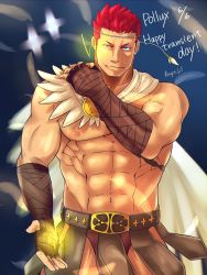 Rule 34 | 1boy, abs, ancient greek clothes, bara, bare pectorals, bare shoulders, blue eyes, brown male underwear, bulge, cowboy shot, greco-roman clothes, heterochromia, highres, kouyas 125, large pectorals, male focus, male underwear, muscular, muscular male, navel, nipples, pectorals, pollux (housamo), red hair, short hair, sideburns, smile, solo, stomach, thick thighs, thighs, tokyo houkago summoners, underwear, yellow eyes
