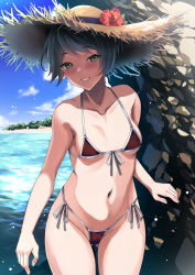 Rule 34 | 1girl, alternate costume, bare arms, bare legs, bare shoulders, beach, bikini, black hair, blue sky, blush, breasts, cloud, collarbone, cowboy shot, day, flower, front-tie bikini top, front-tie top, gluteal fold, green eyes, groin, hat, hat flower, highres, kantai collection, kyogoku shin, looking at viewer, mogami (kancolle), navel, ocean, outdoors, paid reward available, red bikini, red flower, shore, short hair, side-tie bikini bottom, sky, small breasts, smile, solo, standing, straw hat, string bikini, sun hat, swimsuit, thigh gap, water