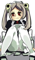 Rule 34 | 1girl, bloody marie (skullgirls), blush, grey hair, hair ornament, knees together feet apart, looking away, maid, maid headdress, mary janes, panties, panties under pantyhose, pantyhose, pantyshot, red eyes, shoes, sitting, skull hair ornament, skullgirls, solo, striped clothes, striped panties, tears, toi (toiot), twintails, underwear, white pantyhose