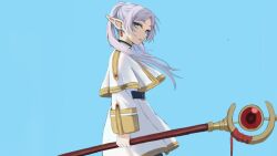 Rule 34 | 1girl, aimu (angry9565), aqua eyes, belt, belt buckle, black belt, blue background, buckle, capelet, commentary, dress, earrings, elf, frieren, grey hair, highres, holding, holding staff, jewelry, long hair, long sleeves, mage staff, pointy ears, simple background, solo, sousou no frieren, staff, twintails, upper body, white capelet, white dress