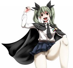 Rule 34 | 10s, 1girl, anchovy (girls und panzer), belt, brown eyes, cape, crotch seam, girls und panzer, grey hair, hair ribbon, highres, long hair, long sleeves, looking at viewer, necktie, open mouth, pantyhose, pleated skirt, ribbon, riding crop, shirt, skirt, smile, solo, twintails, upskirt, white pantyhose, yaruku