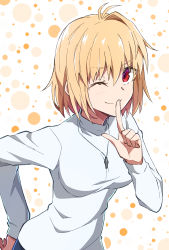 Rule 34 | 1girl, ;), antenna hair, arcueid brunestud, azami masurao, blonde hair, breasts, closed mouth, commentary request, hair between eyes, hand on own hip, highres, index finger raised, jewelry, long sleeves, looking at viewer, medium breasts, necklace, one eye closed, red eyes, short hair, single hair intake, smile, solo, sweater, tsukihime, tsukihime (remake), turtleneck, turtleneck sweater, white sweater