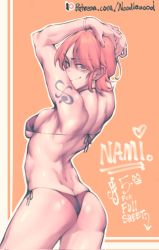 Rule 34 | 1girl, arms up, bikini, highres, looking at viewer, looking back, nami (one piece), noodlenood, one piece, orange hair, shiny skin, simple background, swimsuit, tagme, tattoo