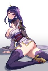 Rule 34 | 1girl, arm support, armor, ass, blunt bangs, breasts, bridal gauntlets, brown footwear, feet out of frame, flower, from side, genshin impact, gradient background, grey background, highres, japanese clothes, kadokadokado, kimono, knee up, large breasts, leaning forward, long hair, looking at viewer, low-braided long hair, low-tied long hair, low neckline, mole, mole under eye, obiage, obijime, off shoulder, okobo, purple eyes, purple flower, purple hair, purple kimono, purple nails, purple thighhighs, raiden shogun, sandals, shadow, shoulder armor, sidelocks, solo, thighhighs, thighs, white background