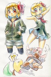 Rule 34 | 2girls, adapted costume, alternate costume, angry, animal ears, bare shoulders, bellsprout, black legwear, blonde hair, boots, bow, bow panties, breasts, collarbone, creatures (company), game freak, gen 1 pokemon, hair ribbon, hands in pockets, highres, hood, hoodie, kawachi koorogi, kicking, large breasts, marker (medium), multiple girls, mystia lorelei, nintendo, open mouth, outstretched arms, panties, pantyshot, pink hair, pokemon, pokemon (creature), red eyes, ribbon, rumia, shoes, short hair, shorts, skirt, sleeveless, smile, thighhighs, touhou, traditional media, translation request, underwear, upskirt, white panties, wings