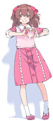 Rule 34 | 1girl, akinbo (hyouka fuyou), bow, brown eyes, brown hair, closed mouth, delicious party precure, full body, hair between eyes, hair bow, heart, heart hands, highres, long hair, long sleeves, looking at viewer, medium skirt, nagomi yui, pink footwear, pink shirt, pink skirt, precure, red bow, shirt, skirt, smile, socks, solo, standing, white background, white socks