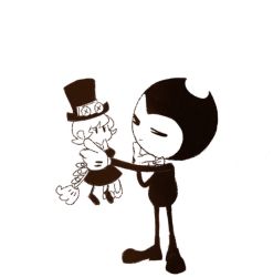 Rule 34 | 1boy, bendy, bendy and the ink machine, bow, bowtie, character doll, full body, hat, male focus, pac-man eyes, peacock (skullgirls), simple background, skullgirls, solid oval eyes, top hat, trait connection, white background