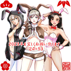 Rule 34 | 3girls, akeome, animal ears, animal hood, artist logo, black eyes, black hair, black jacket, black scrunchie, blue eyes, blush, bow, bowtie, breasts, brown capelet, brown gloves, brown shorts, capelet, chinese zodiac, cleavage, collar, commentary, cowboy shot, cross, dated, detached collar, drawstring, drill hair, fake animal ears, fake tail, fishnet pantyhose, fishnets, fur-trimmed capelet, fur-trimmed gloves, fur-trimmed shorts, fur trim, girls und panzer, girls und panzer ribbon no musha, gloves, green eyes, grey hair, groin, hair ornament, hair over shoulder, hair scrunchie, hand in own hair, hand on own hip, hands in pockets, happy new year, hood, hooded jacket, itsumi erika, jacket, jajka (girls und panzer), leotard, light brown hair, long hair, looking at viewer, medium breasts, medium hair, micro shorts, multiple girls, navel, nengajou, new year, nishi itsumi, nishi kinuyo, no bra, no shirt, open clothes, open jacket, open mouth, panties, pantyhose, playboy bunny, rabbit ears, rabbit hood, rabbit tail, red bow, red bowtie, sakuramon, salute, scrunchie, shorts, side-by-side, single drill, smile, standing, strapless, strapless leotard, tail, thighhighs, translated, underwear, unzipped, white background, white collar, white leotard, white panties, white pantyhose, white thighhighs, wing collar, wrist cuffs, year of the rabbit