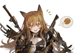 Rule 34 | 1girl, absurdres, animal ears, arknights, boned meat, brown eyes, brown hair, brown jacket, ceobe (arknights), dog ears, dog girl, fangs, food, hair between eyes, hand up, highres, jacket, liangban xiexu, long hair, long sleeves, looking at viewer, meat, open mouth, pointing, pointing at self, simple background, solo, weapon, weapon on back, white background